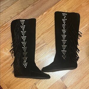 Vintage Y2K black suede studded fringe knee high boots